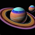 Colorful Ringed Planet With Vibrant Stripes And Small Companion Against Black Cosmic Background