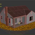 House Exterior With Red Chimney Purple Roof White Walls Porch Chair And Autumn Leaves