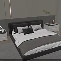 Modern Double Bed With Gray Bedding Black White Pillows Bedside Nightstands And Vertical Line Wall