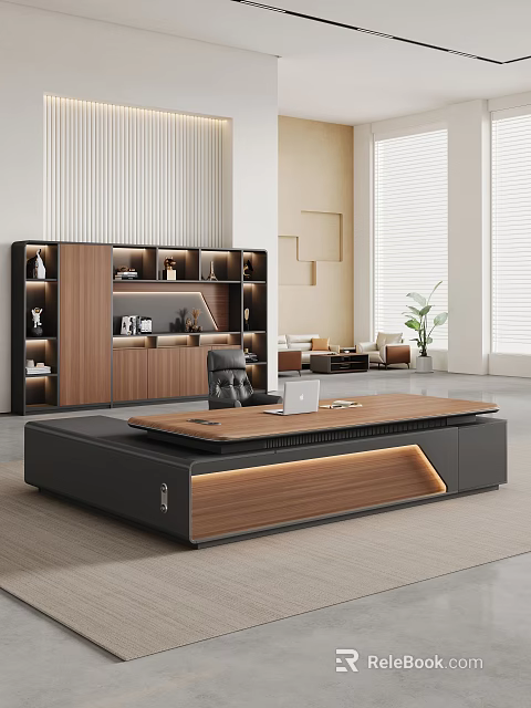 Modern Luxury Executive Office Desk With Warm Embedded Lighting And Matching Large Storage Bookcase 3d model 