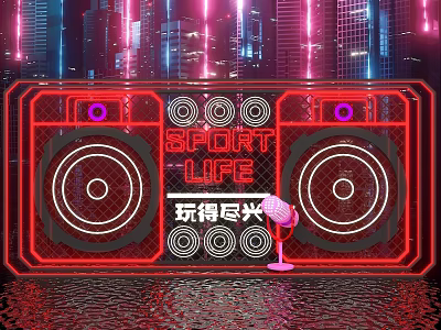 Neon Light Photo Spot With Sport Life Sign City Backdrop Speakers And Microphone 3d model