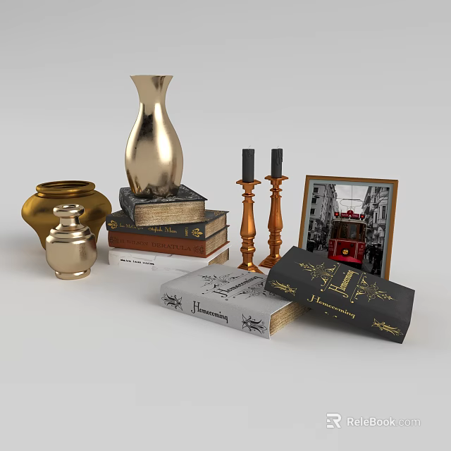 Decorative Ornament Set With Gold Vase Brass Candle Holders Stacked Books Photo Frame Black Box 3d model 