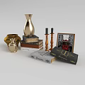 Decorative Ornament Set With Gold Vase Brass Candle Holders Stacked Books Photo Frame Black Box