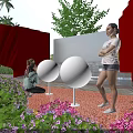 Vibrant Square Landscape With Red Curtains White Spherical Installations Colorful Flowers And People