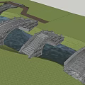 Scenic Stone Arch Landscape Bridges With Green Grass And Water Stream