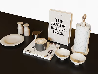 Nordic Style Decorative Ornament Set With Baking Book Ceramic Bowls Plates And Wooden Handle Holder 3d model