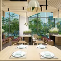 Bright Restaurant Interior With Wooden Ceiling Hanging Lamps Large Windows And Green Plants View