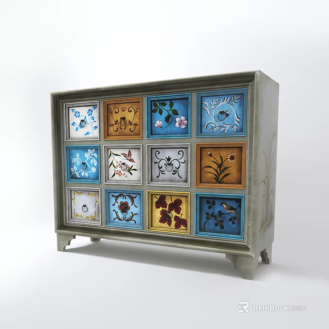 Decorative Console Cabinet with Multiple Colorful Drawers Featuring Floral Leaf and Bird Patterns 3d model 