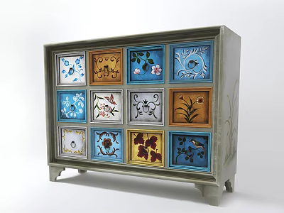 Decorative Console Cabinet with Multiple Colorful Drawers Featuring Floral Leaf and Bird Patterns 3d model