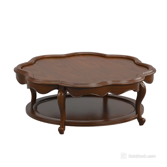 Dark Brown Round Coffee Table With Scalloped Edges Curved Legs And Lower Tray 3d model 