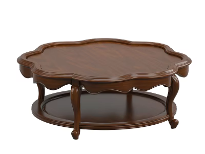 Dark Brown Round Coffee Table With Scalloped Edges Curved Legs And Lower Tray 3d model