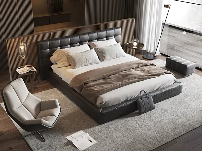 Modern Double Bed With Leather Headboard Nightstand Floor Lamp And Accent Chair 3d model