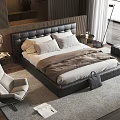 Modern Double Bed With Leather Headboard Nightstand Floor Lamp And Accent Chair