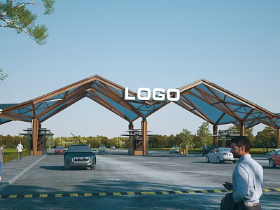 Modern Entrance Gate With LOGO Arched Canopy Design And Parking Vehicles Trees 3d model