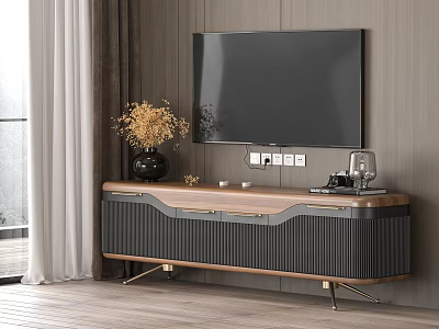 Modern TV Stand with Wooden Frame Dark Panel Metal Legs and Dried Flowers Decor in Living Room 3d model