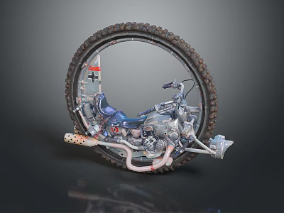 Custom Off Road Motorcycle with Large Tire Blue Seat and Exposed Mechanical Parts 3d model