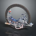 Custom Off Road Motorcycle with Large Tire Blue Seat and Exposed Mechanical Parts