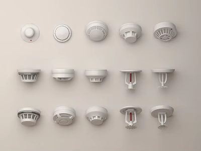 Various Types of White Safety Devices Including Smoke Detectors and Alarms Arranged on Beige Background 3d model