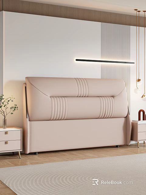 Elegant Double Bed with Leather Upholstered Headboard Stitched Details and Modern Pendant Lights 3d model 
