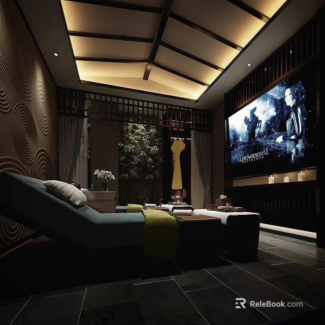 Modern SPA Sauna Room With Comfortable Loungers Green Plants Large Screen TV And Warm Lighting 3d model 