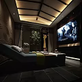 Modern SPA Sauna Room With Comfortable Loungers Green Plants Large Screen TV And Warm Lighting