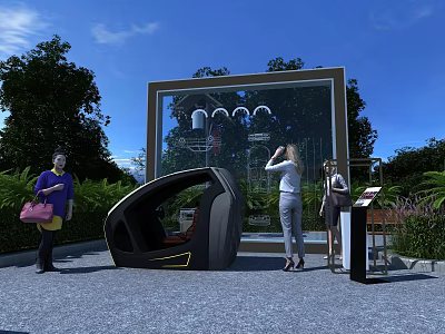 Futuristic Seating Device On Display In Glass Frame With People Observing Near Trees 3d model