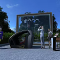 Futuristic Seating Device On Display In Glass Frame With People Observing Near Trees