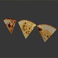 Three Golden Brown Triangular Grilled Flatbread Slices With Charred Marks On Black Reflective Surface 3d model