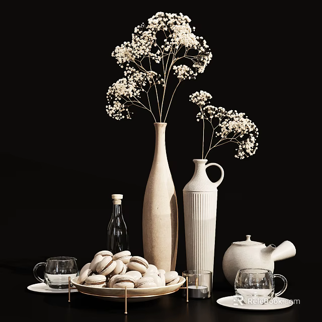 Stylish Decorative Ornament Set With Vases Dried Flowers Glass Bottle Tea Cups Teapot And Pebbles 3d model 