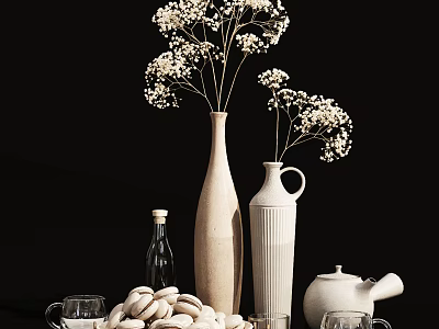 Stylish Decorative Ornament Set With Vases Dried Flowers Glass Bottle Tea Cups Teapot And Pebbles 3d model