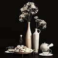 Stylish Decorative Ornament Set With Vases Dried Flowers Glass Bottle Tea Cups Teapot And Pebbles