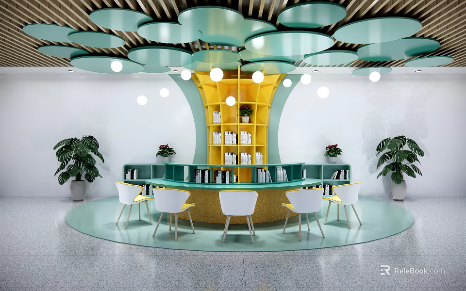 Modern School Library With Circular Bookshelves Green Cloud Ceiling And Colorful Chairs 3d model 
