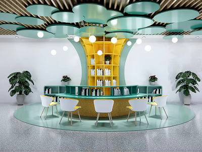 Modern School Library With Circular Bookshelves Green Cloud Ceiling And Colorful Chairs 3d model