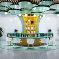 Modern School Library With Circular Bookshelves Green Cloud Ceiling And Colorful Chairs