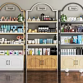 Modern Retail Display Shelves with Various Products Plants Colored Cabinets and Top Logo Signs