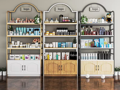 Modern Retail Display Shelves with Various Products Plants Colored Cabinets and Top Logo Signs 3d model