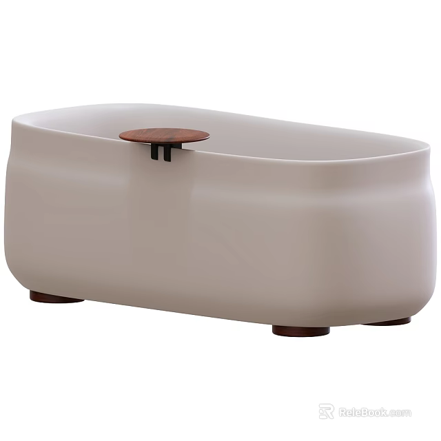 Modern Cream Colored Bathtub with Wooden Legs and Top Wooden Tray 3d model 