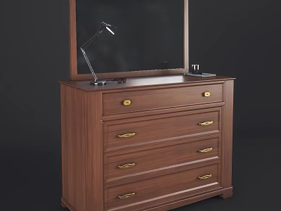 Traditional Wooden Dressing Table with Mirror Lamp Glasses and Multiple Drawers 3d model