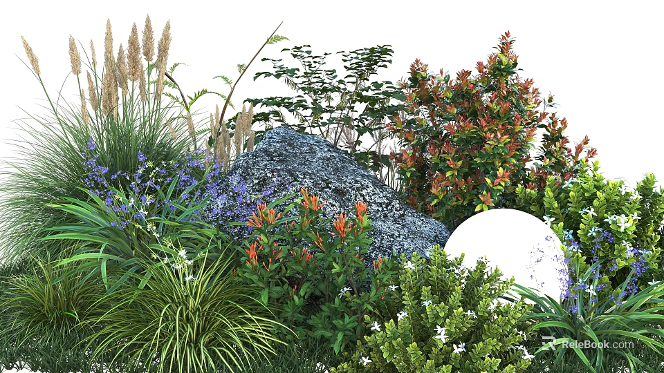 Beautiful Garden Flowers And Plants With Purple Red Blooms Green Grass Large Rock White Blossoms 3d model 
