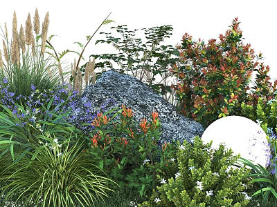 Beautiful Garden Flowers And Plants With Purple Red Blooms Green Grass Large Rock White Blossoms 3d model