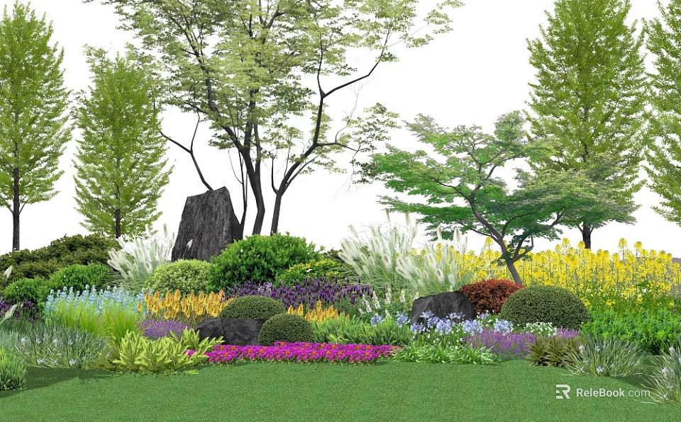 Diverse Colorful Shrubs in Lush Garden with Mixed Flowers and Green Grass 3d model 