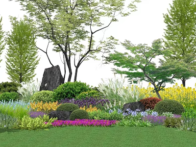 Diverse Colorful Shrubs in Lush Garden with Mixed Flowers and Green Grass 3d model