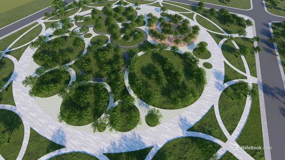 Beautiful Park Landscape With Circular Green Areas Lush Trees And Geometric White Pathways 3d model 