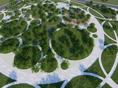 Beautiful Park Landscape With Circular Green Areas Lush Trees And Geometric White Pathways 3d model
