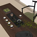 Modern Wooden Table With Tea Set Tray Cups Moss And Green Plants