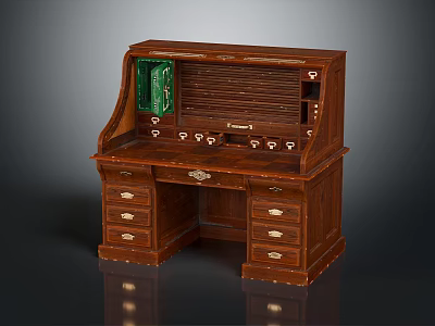 Classic Wooden Writing Desk With Green Panel Top Multiple Drawers And Storage Compartments 3d model