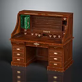 Classic Wooden Writing Desk With Green Panel Top Multiple Drawers And Storage Compartments