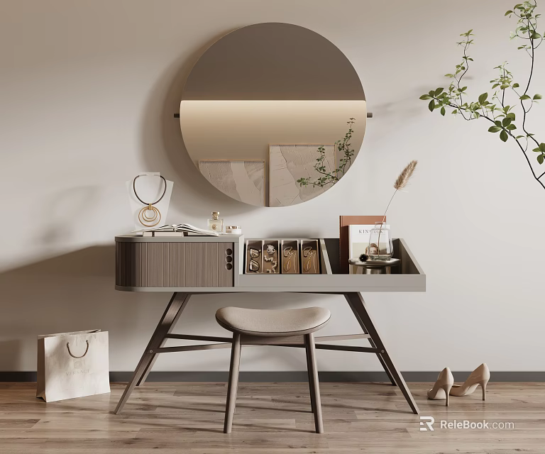 Minimalist Wooden Dressing Table With Lighted Round Mirror Stool Cosmetics And Heels 3d model 