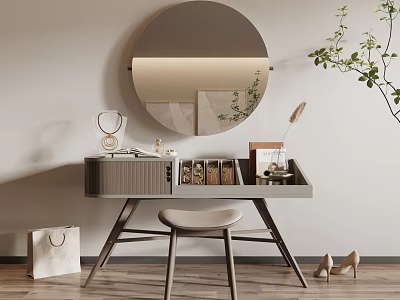 Minimalist Wooden Dressing Table With Lighted Round Mirror Stool Cosmetics And Heels 3d model