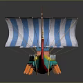 Traditional Sailing Watercraft with Blue White Striped Sails Wooden Deck and Colorful Hull